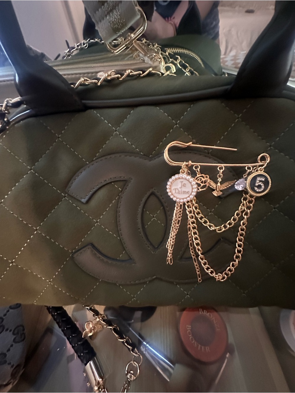 Quilted Olive Green Satchel with Black Trim and Gold Charm - Picture 3 of 5